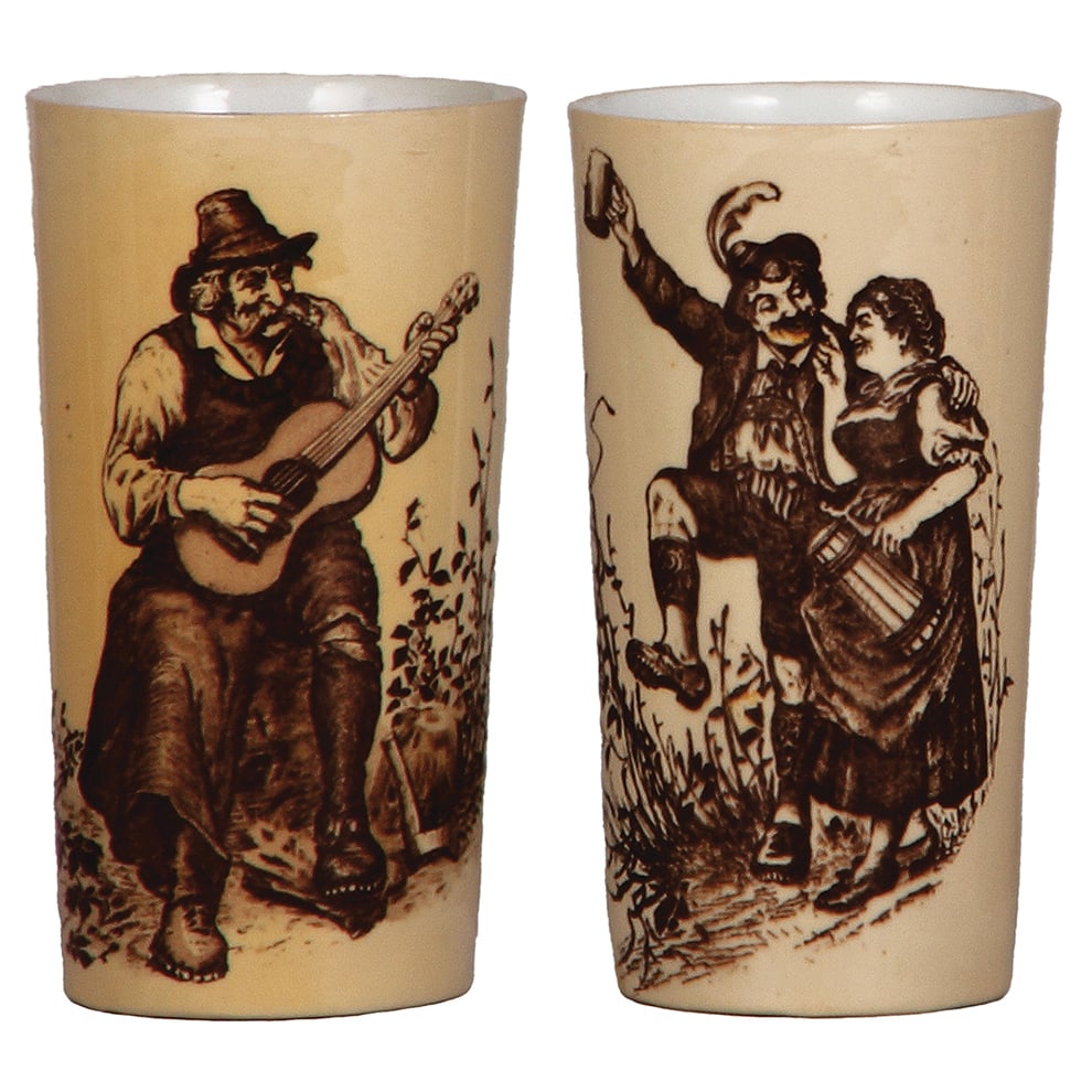 Mettlach beakers, two, .25L, 235 & 239[2327].: Mettlach beakers, two, .25L, 235 & 239[2327], PUG, people, 239 has Tyrolian Village on back, mint.