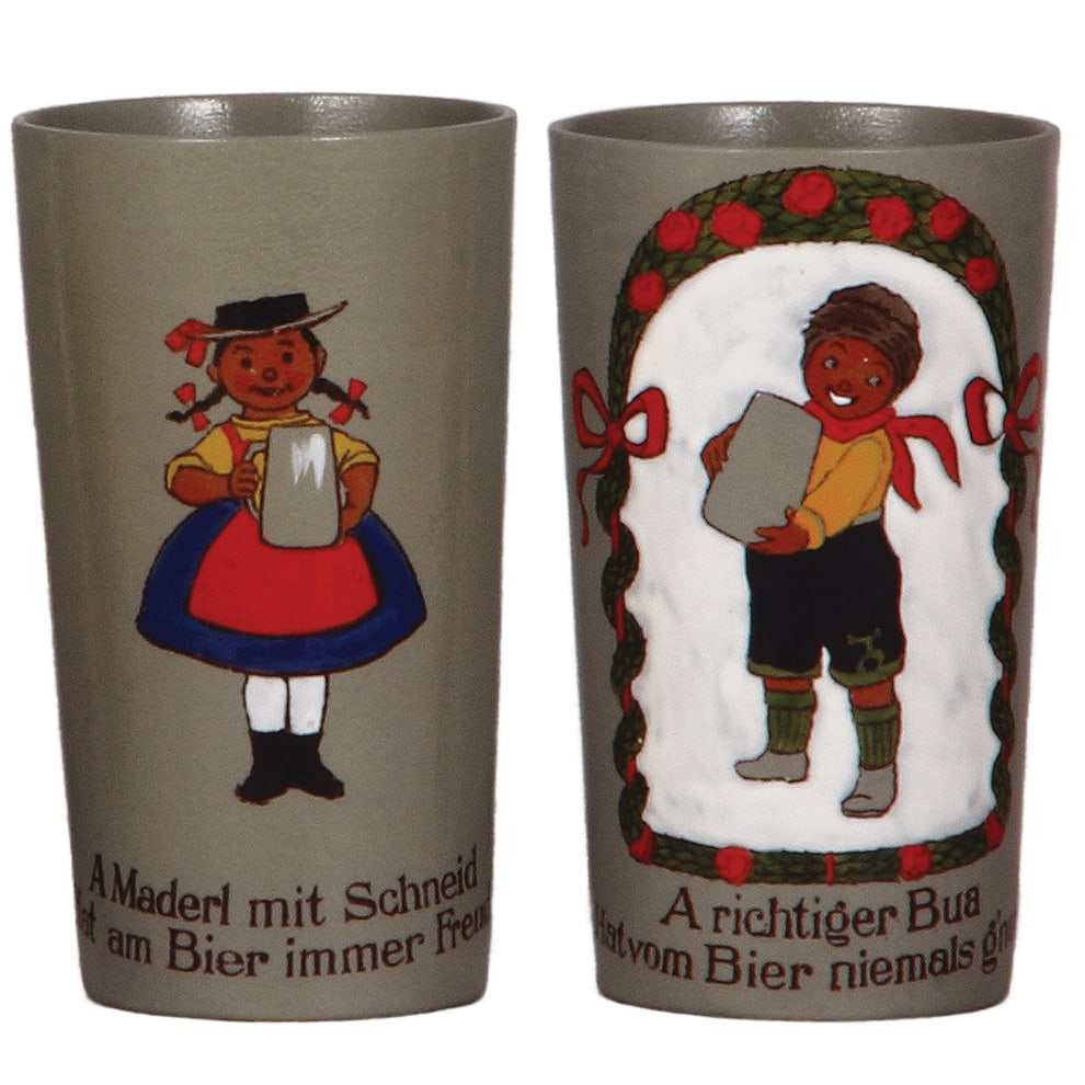 Mettlach beaker, two, .25L, 533 & 534[2327].: Mettlach beaker, two, .25L, 533 & 534[2327], Bavaria, transfer & hand-painted, children, mint.
