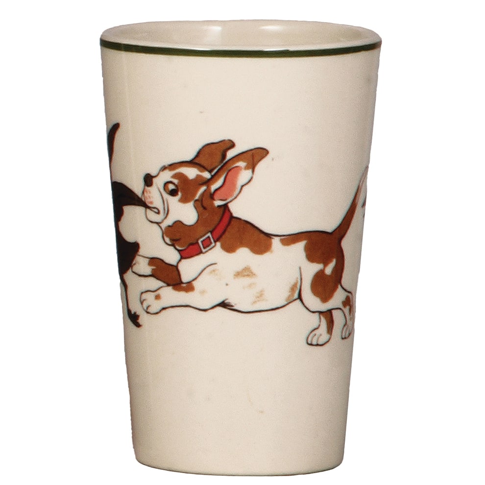 Mettlach beaker, .25L, 1634.: Mettlach beaker, .25L, 1634, PUG, Dog chasing Bird chasing Dog, mint.