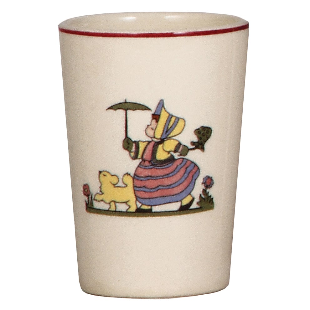 Mettlach beaker, .2L, 3.9" ht., 1675[3436].: Mettlach beaker, .2L, 3.9" ht., 1675[3436], PUG, Girl with a Dog, mint.