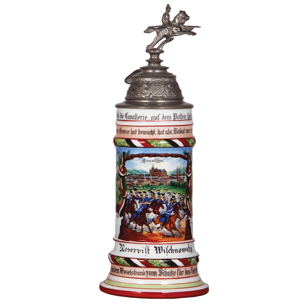 Regimental stein, .5L, Drag. Regt. Nr. 13, Metz.: Regimental stein, .5L, 12.6" ht., porcelain, 3. Esk., Drag. Regt. Nr. 13, Metz, 1904 - 1907, two side scenes, roster, eagle thumblift, named to: Res. Wischnomskÿ, mint.