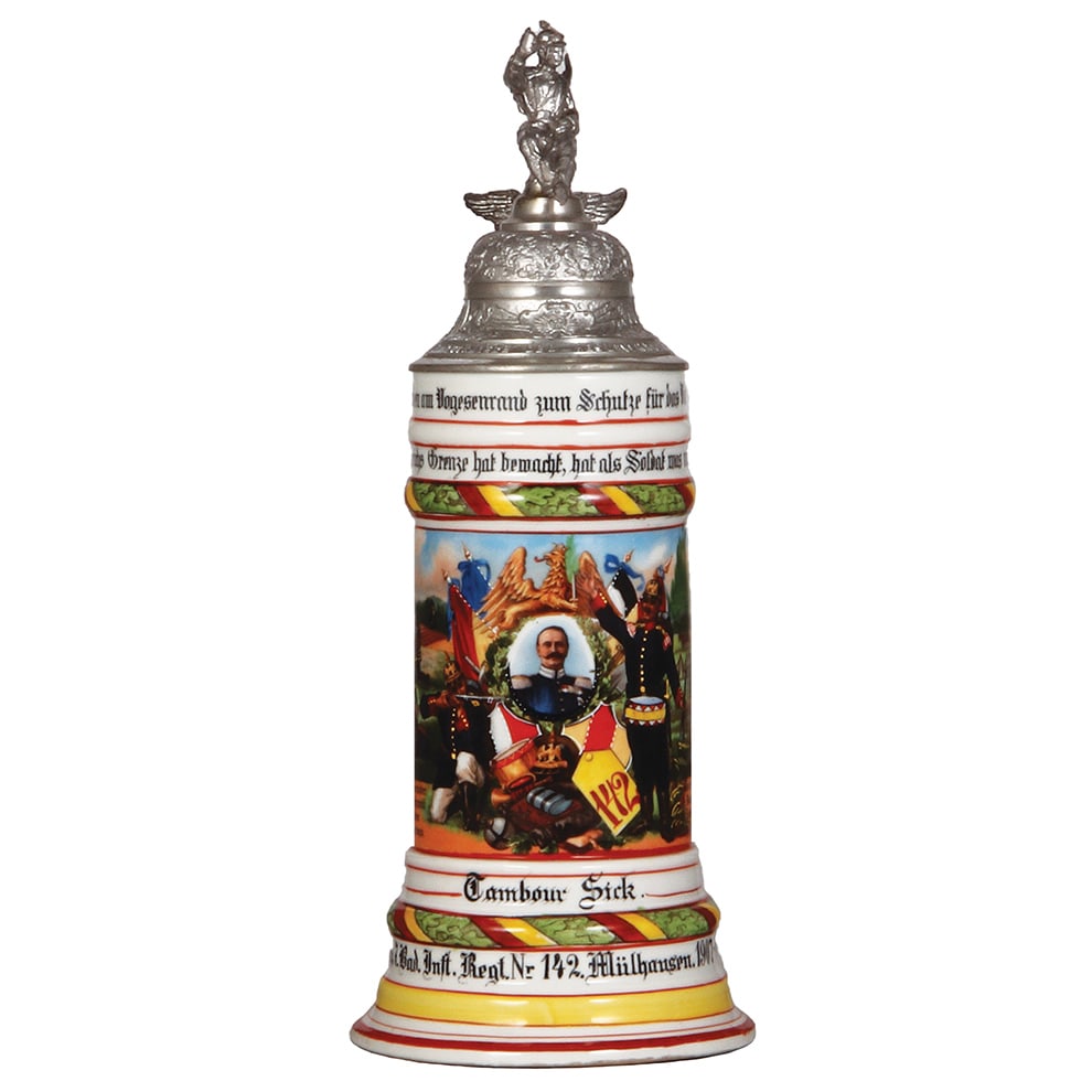 Regimental stein, .5L, Inf. Regt. Nr. 142, Mülhausen.: Regimental stein, .5L, 12.2" ht., porcelain, 2. Comp., Inf. Regt. Nr. 142, Mülhausen, 1907 - 1909, two side scenes, roster, griffin thumblift, named to: Tambour Sick, mint.