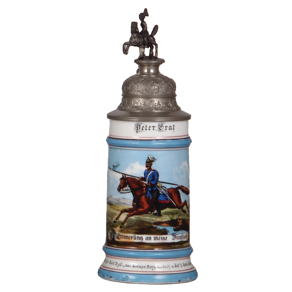 Regimental stein, .5L, 2. Schweres Reit. Regt., Landshut.: Regimental stein, .5L, 10.5" ht., porcelain, bayr. 2. Schweres Reit. Regt., 5. Esc., Landshut, 1898 - 1901, two side scenes, lion thumblift, named to: Peter Graf, new finial, body mint.