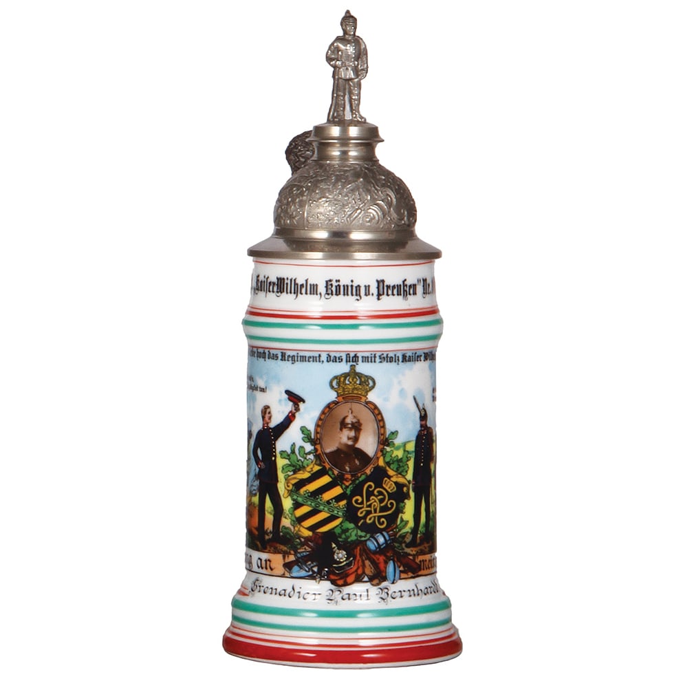 Regimental stein, .5L, Gren. Regt. Nr. 101, Dresden.: Regimental stein, .5L, 11.3" ht., porcelain, 9. Comp., Gren. Regt. Nr. 101, Dresden, 1904 - 1906, two side scenes, roster, photograph, Sächsen thumblift, named to: Grenadier Paul Bernhardt, mint.