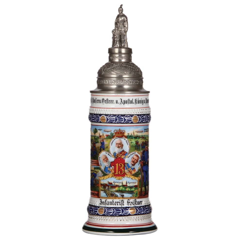Regimental stein, .5L, 13. Inft. Regt., Ingolstadt.: Regimental stein, .5L, 13.0" ht., porcelain, 5. Comp., 13. Inft. Regt., Ingolstadt, 1911 - 1913, four side scenes, roster, lion thumblift, named to: Infanterist Foistner, screw-off finial with coin co