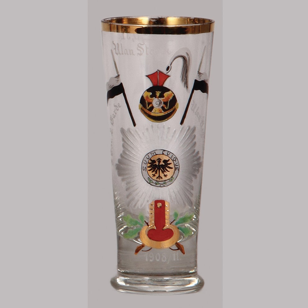 Regimental glass beaker, .3L, 2. Garde Ulanen Regt., Berlin.: Regimental glass beaker, .3L, 6.5" ht., 5. Esk., 2. Garde Ulanen Regt., Berlin, 1908 - 1911, named to Ulan Stark, mint.