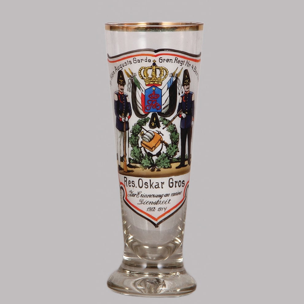 Regimental glass beaker, 5/20L, Garde Gren. Regt. Nr. 4, Berlin.: Regimental glass beaker, 5/20L, 7.4" ht., 11. Komp., Garde Gren. Regt. Nr. 4, Berlin, 1912 - 1914, named to: Res. Oskar Gros, mint.