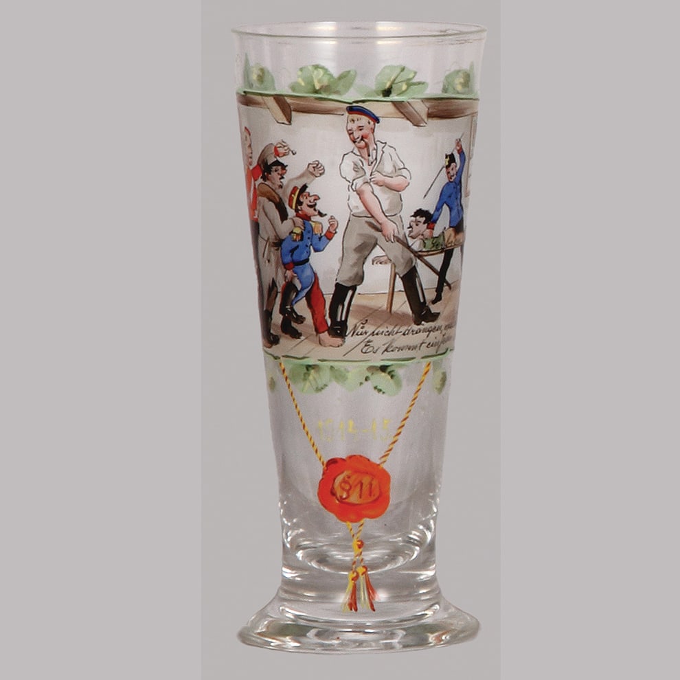 Regimental glass beaker, 7.0" ht., 1914 - 1915.: Regimental glass beaker, 7.0" ht., military figures from several countries in Europe, 1914 - 1915, rare scene of a man being whipped, mint.
