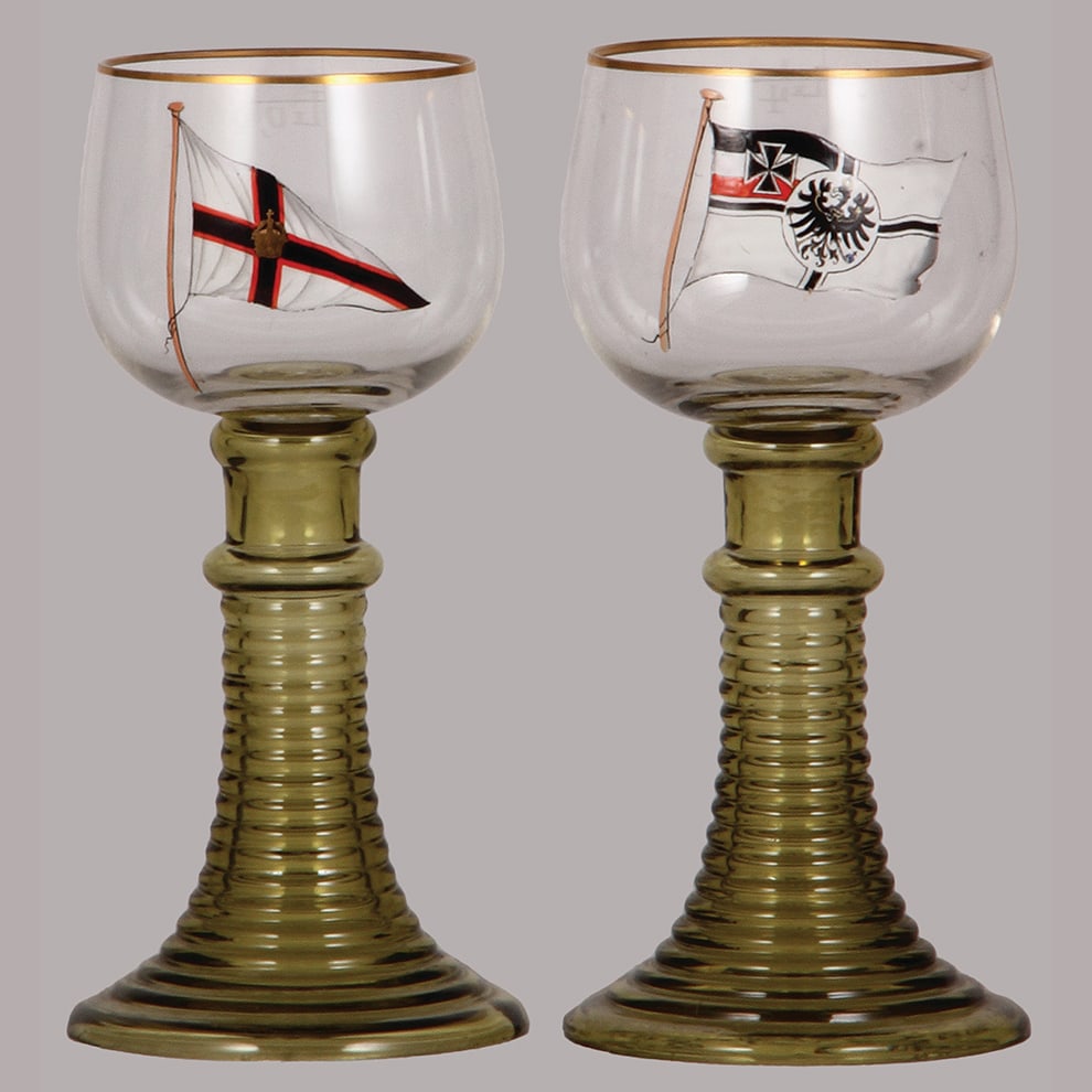 Bohemian wine glasses, two, 7.2" ht. & 7.4" ht.: Bohemian wine glasses, two, 7.2" ht. & 7.4" ht., blown, amber stem, clear top, hand-painted, German Naval flags, both mint.