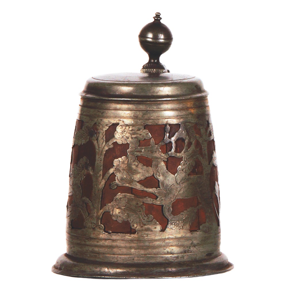 Daubenkrug, 8.6" ht., mid 1700s.: Daubenkrug, 8.6" ht., mid 1700s, touch marks inside lid, hunter & two deer, good condition.