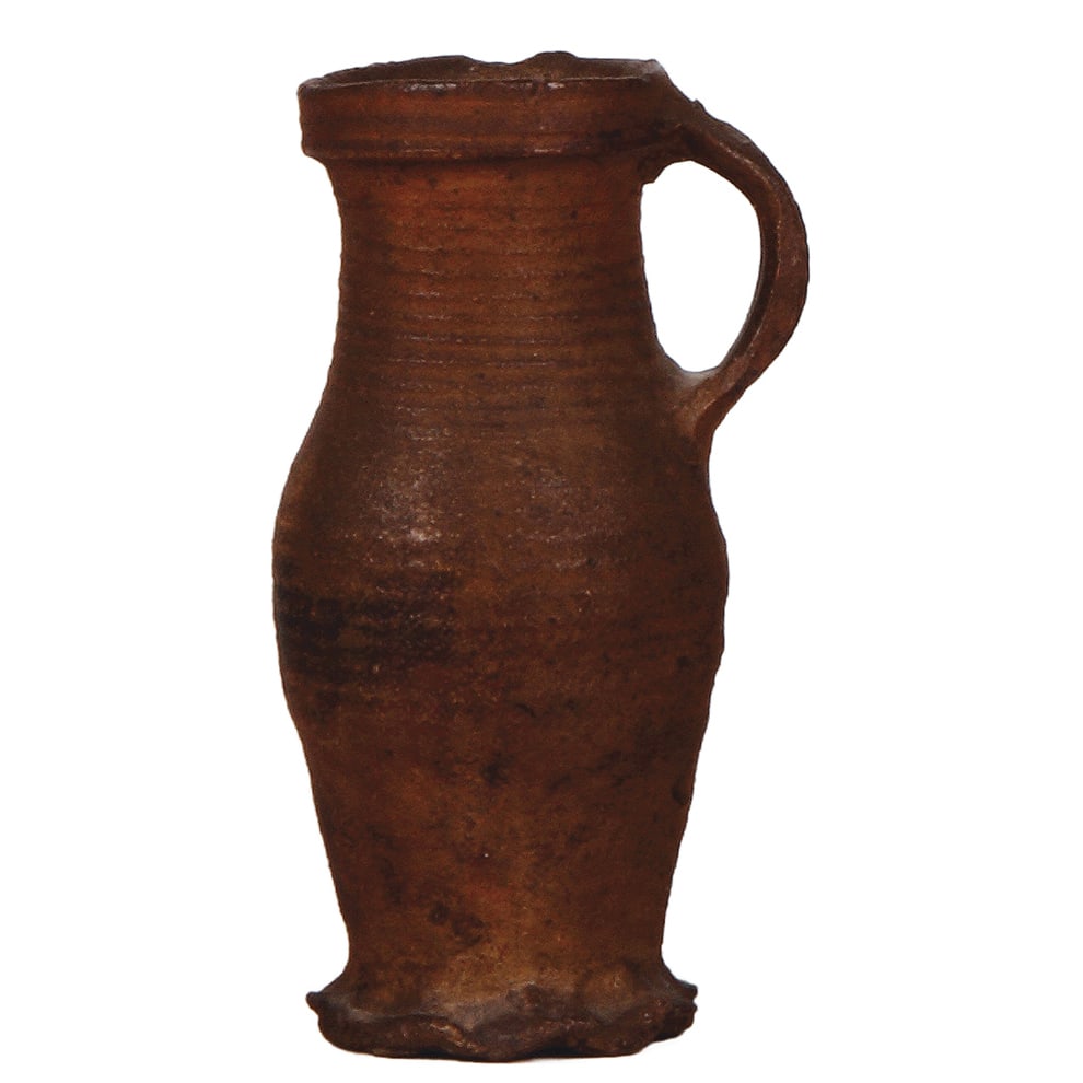 Braun Oberfläche, Rheinland, stoneware jug, 15th century.: Braun Oberfläche, 7.6" ht.,stoneware jug, Rheinland, 15th century, two upper rim chips, overall good condition.