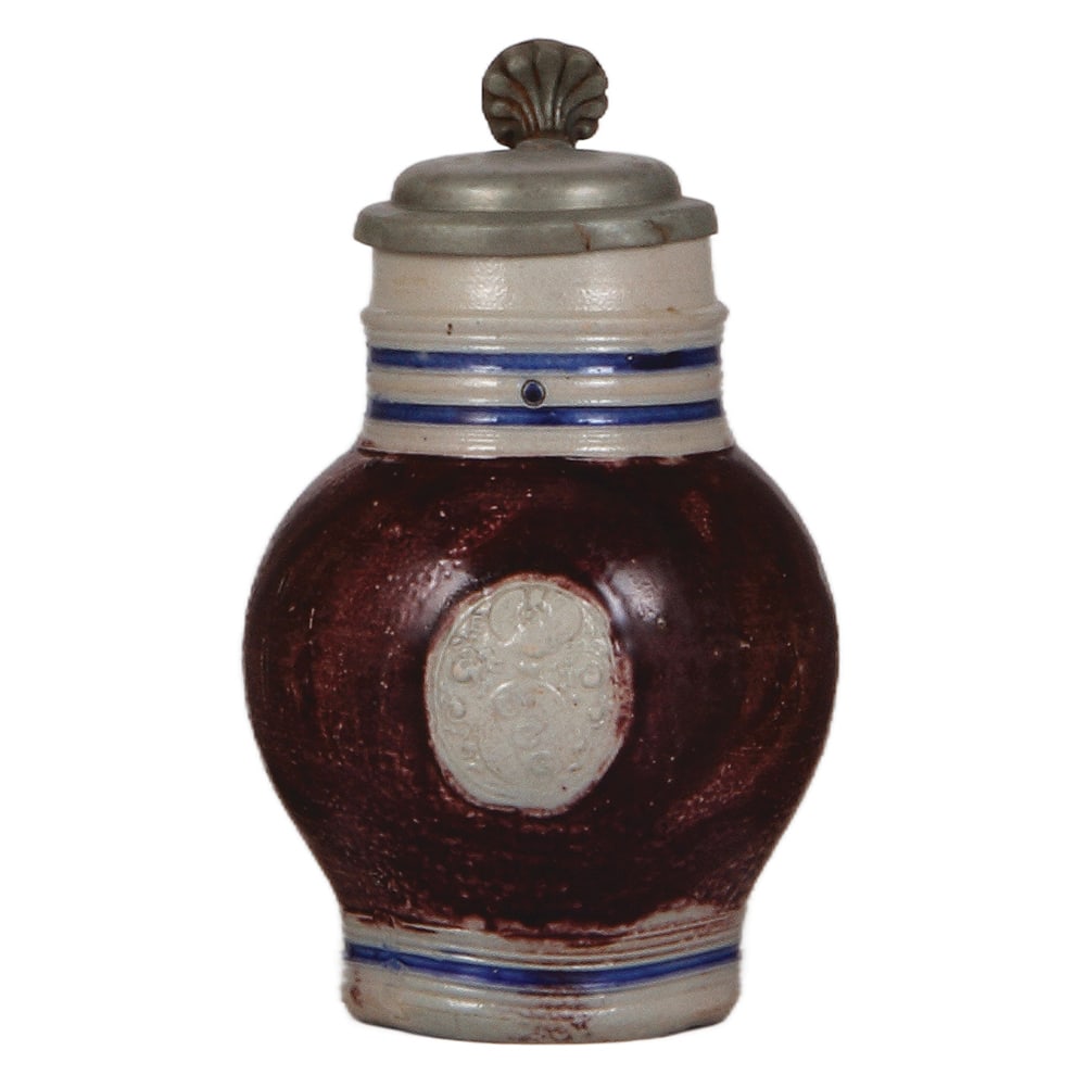 Westerwälder Kugelbauchkrug, 8.0" ht., late 1600s,: Westerwälder Kugelbauchkrug, 8.0" ht., late 1600s, stoneware pitcher, relief medallion, blue & purple saltglaze, pewter lid with touchmark, very good condition.