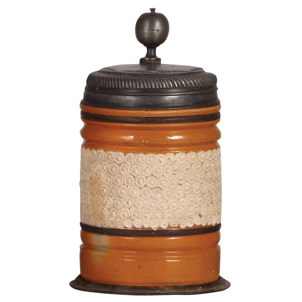 Altenburger Walzenkrug, 7.5'' ht., mid 1700s.: Altenburger Walzenkrug, 7.5'' ht., mid 1700s, stoneware stein, saltglazed, applied relief, white on orange/brown body, pewter lid & footring, lid with touchmarks, very good condition. 