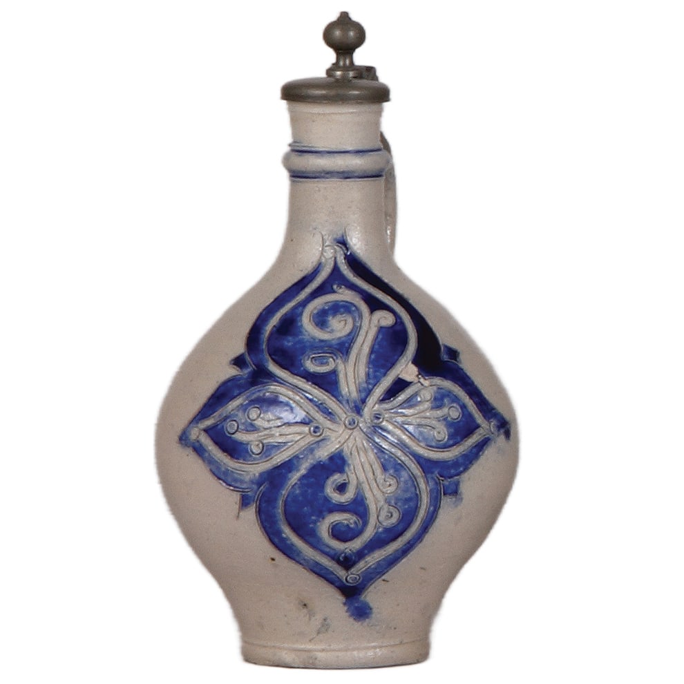 Westerwälder Enghalskrug, 7.5'' ht., mid 1700s, .: Westerwälder Enghalskrug, 7.5'' ht., mid 1700s, stoneware stein, incised, blue salt glaze, pewter lid, unusual small size, .5" base chip, otherwise good condition. 