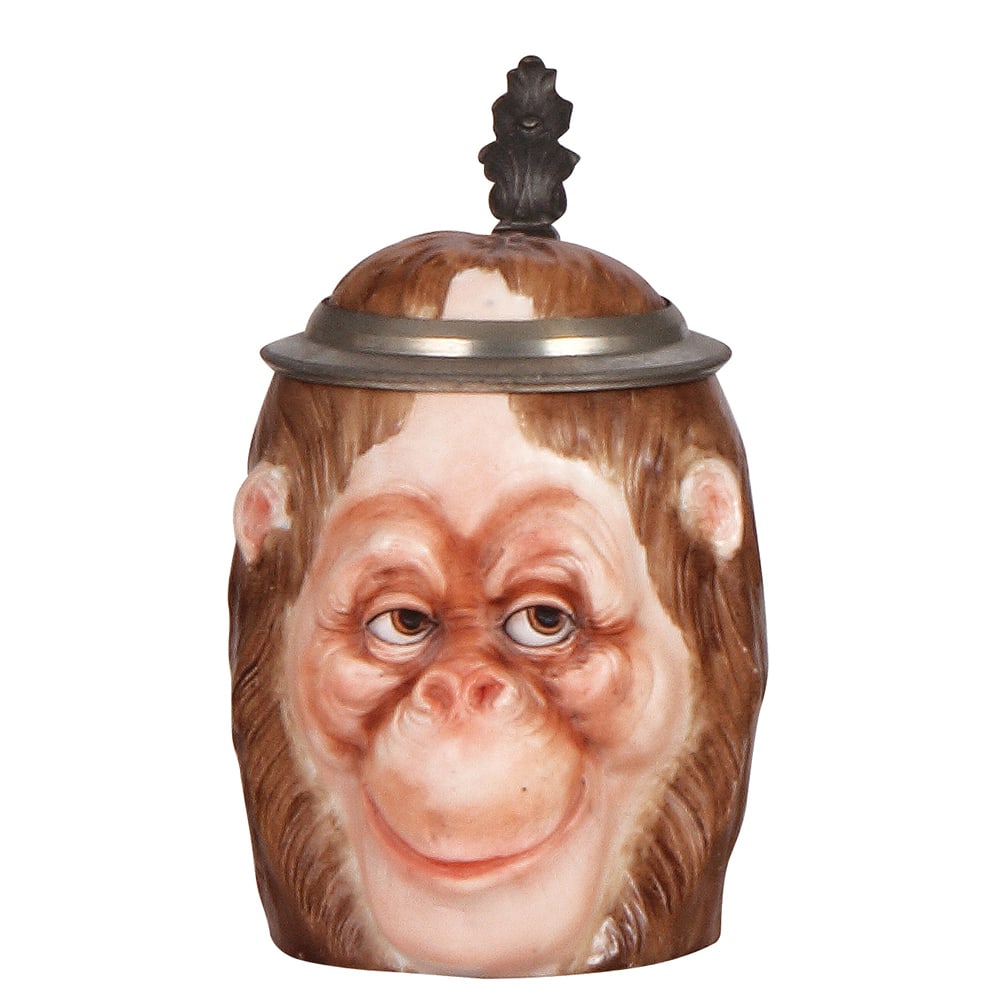 Character stein, .5L, marked E. Bohne & Söhne, Monkey.: Character stein, .5L, porcelain, marked E. Bohne & Söhne, Monkey with fabulous facial expression, mint.