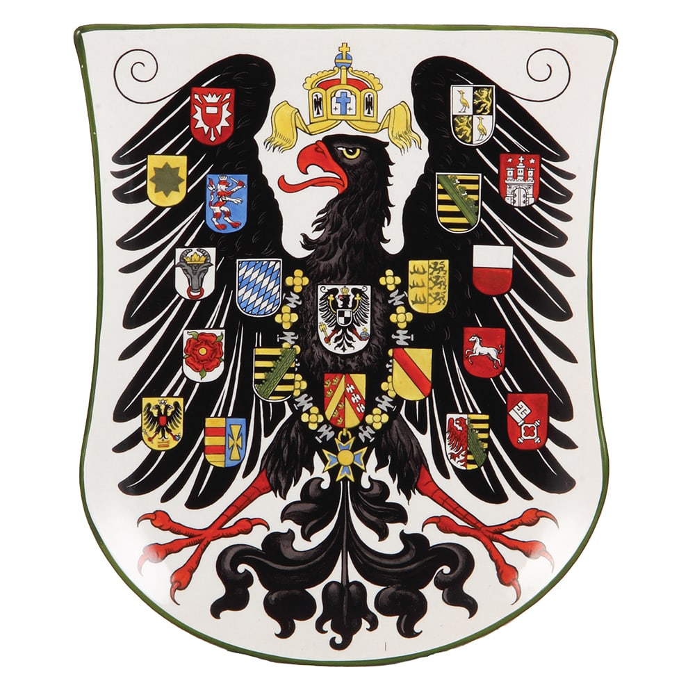 Mettlach plaque, 13.2" x 11.2", Prussian eagle.: Mettlach plaque, 13.2" x 11.2", 1290/3225, PUG, Prussian eagle with state crest, mint.