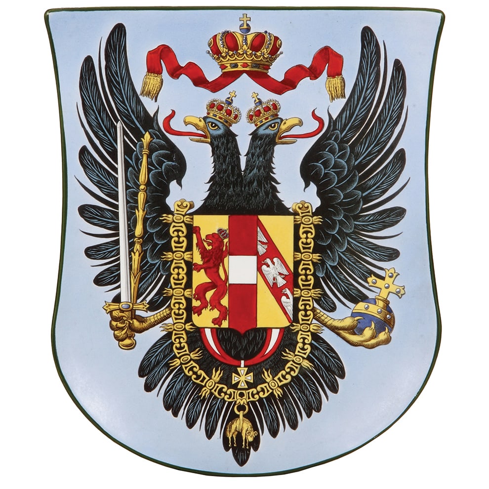Mettlach plaque, 13.2" x 11.2", Habsburg coat-of-arms.: Mettlach plaque, 13.2" x 11.2", 1290/3225, PUG, Habsburg coat-of-arms, rare, mint,