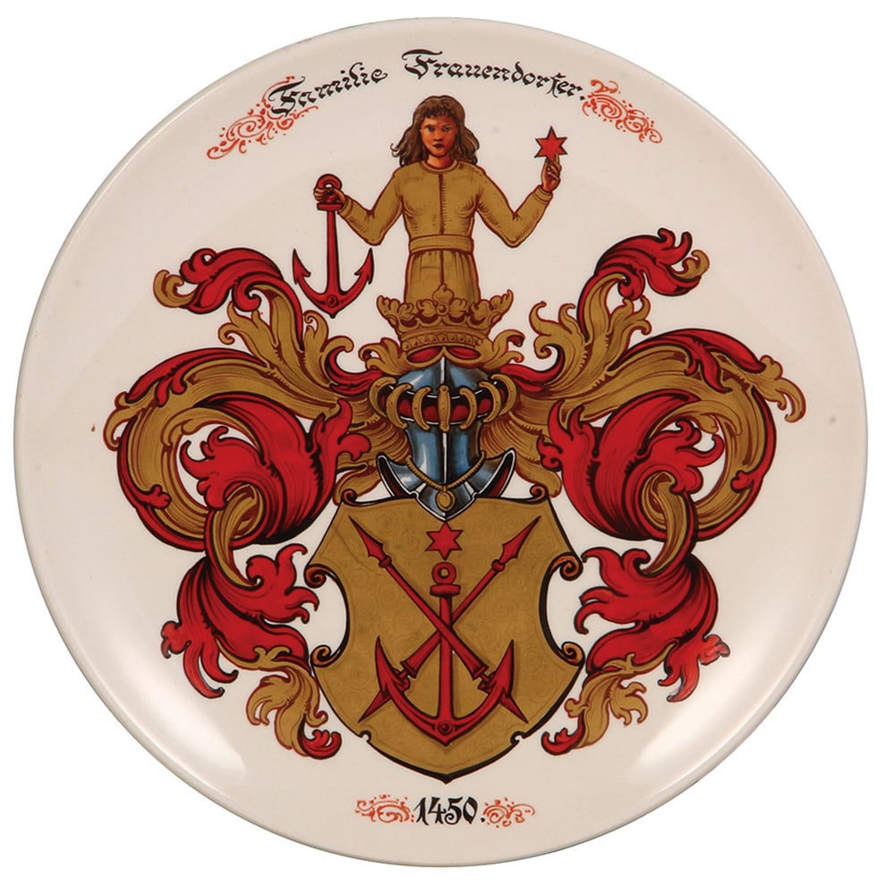 Mettlach plaque, 9.0" d., Familie Frauendorfer 1450, family coat-of-arms.: Mettlach plaque, 9.0" d., 1044, hand-painted, marked Knapp, Karlsruhe, Familie Frauendorfer 1450, family coat-of-arms, rare, mint.
