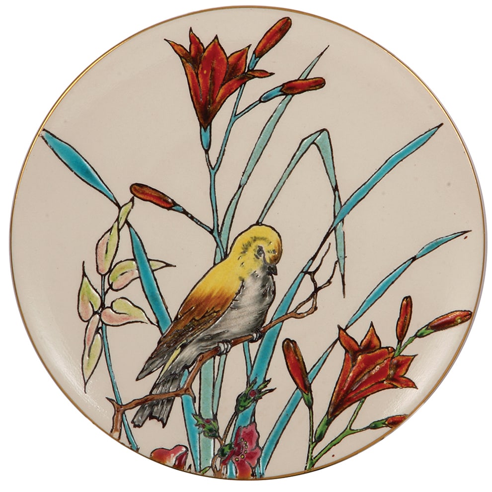 Mettlach plaque, 10.0" d., 3044/1044, thick enamel painting.: Mettlach plaque, 10.0" d., 3044/1044, transfer, outline with thick enamel painting, mint.