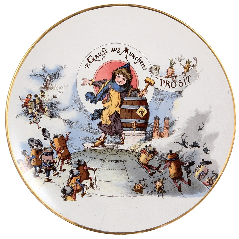 Mettlach plaque, 17.5" d., Munchen, Beer Capital of the World.: Mettlach plaque, 17.5" d., 1044/1014, PUG, by Heinrich Schlitt, Munchen, Beer Capital of the World, two hairlines on the bottom edge, gold touch-up on edge.