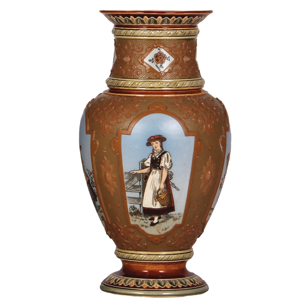 Mettlach vase, 11.6" ht., 2299, etched.: Mettlach vase, 11.6" ht., 2299, etched, ladies & children, mint.