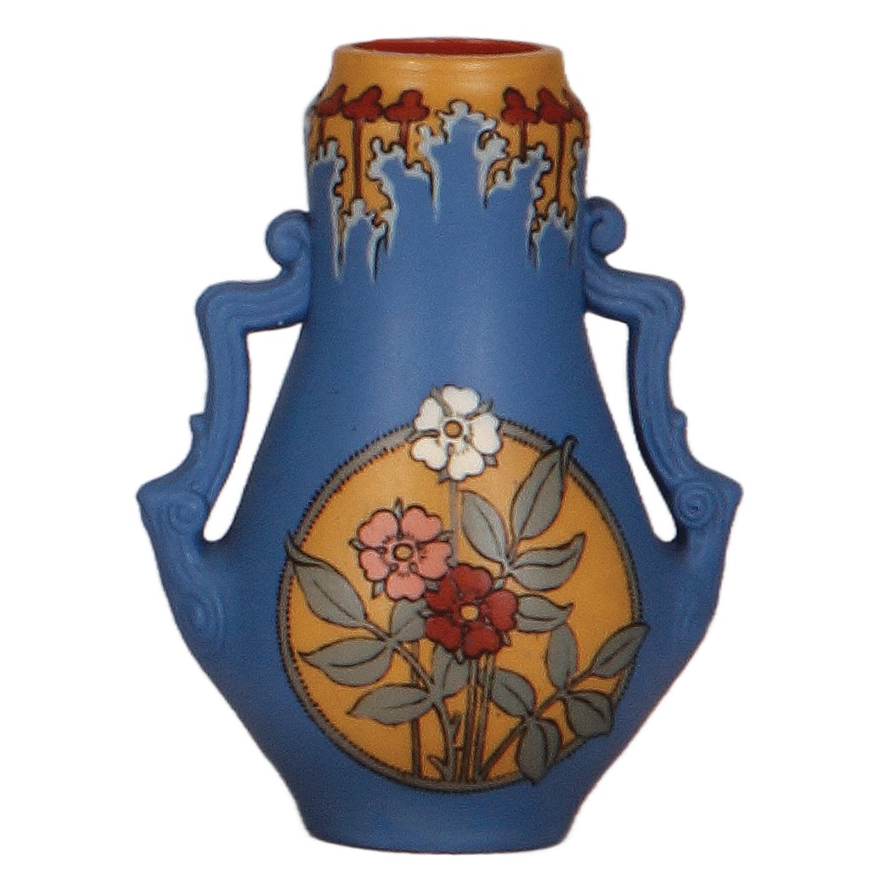 Mettlach vase, 4.9" ht., 2472, etched.: Mettlach vase, 4.9" ht., 2472, etched, Art Nouveau, rare, mint.