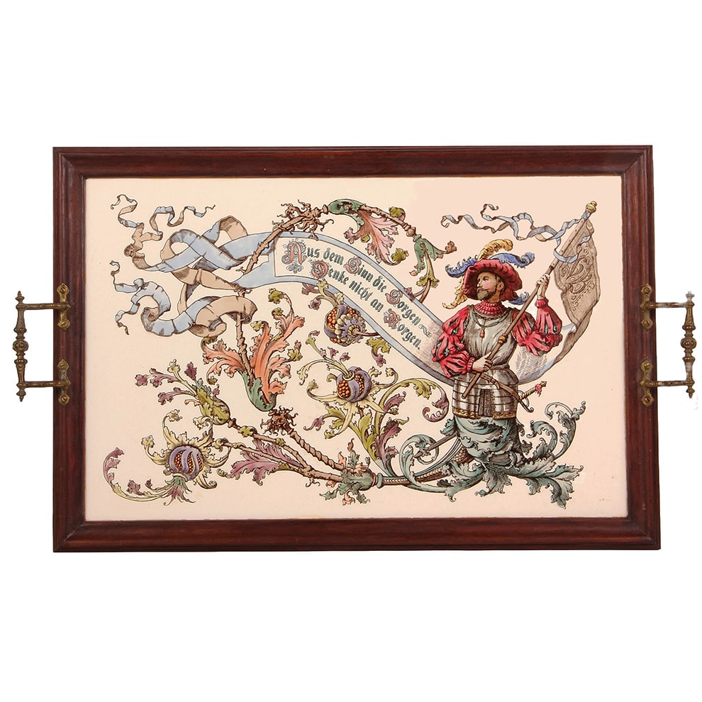 Villeroy & Boch Dresden tray, 23.7" x 16.0".: Villeroy & Boch Dresden tray, 23.7" x 16.0", handles make width 26.5", PUG, wood frame, V & B on flag of Landsknecht, excellent condition.