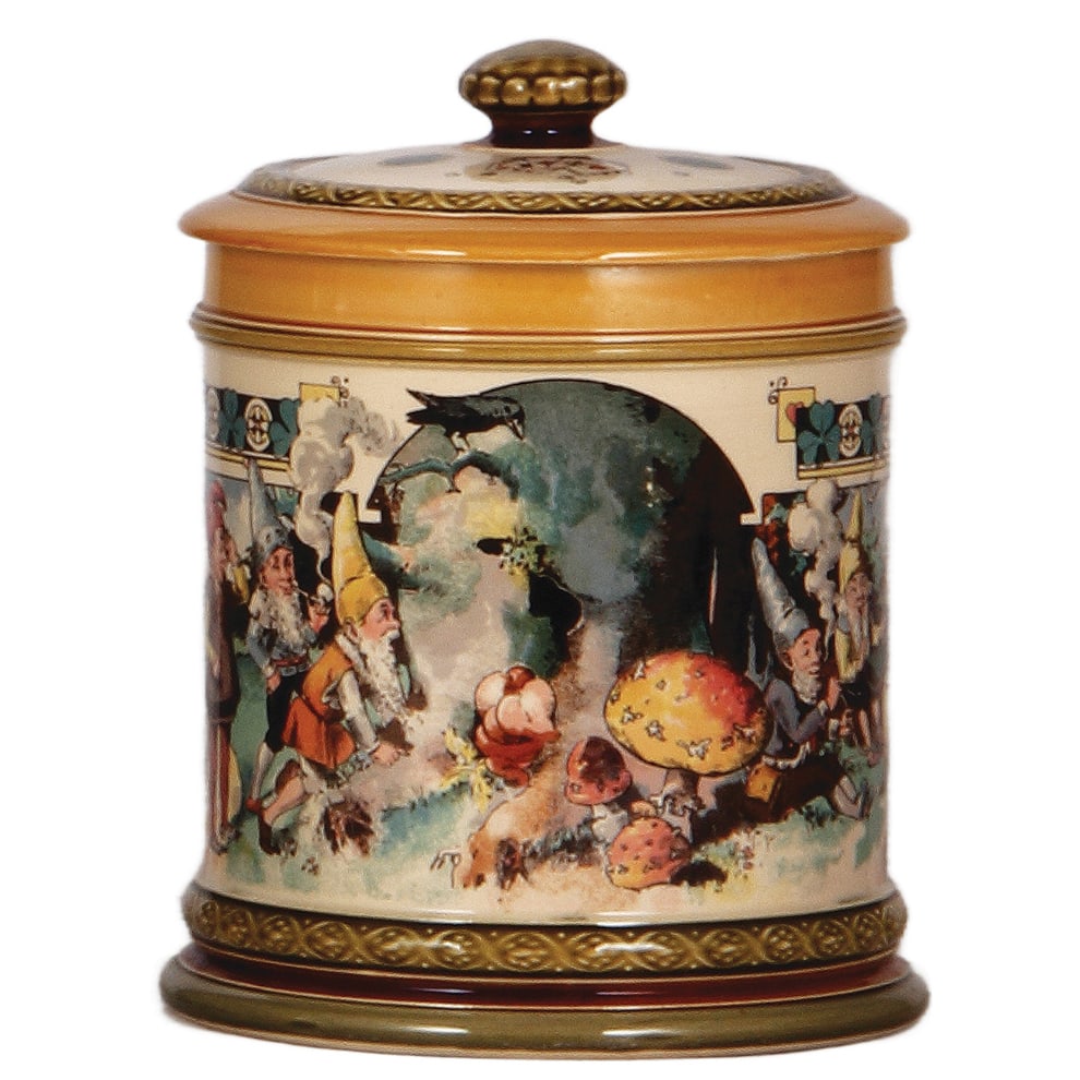 Mettlach humidor, 7.0" ht., Dwarfs smoking. (1 of 4)
