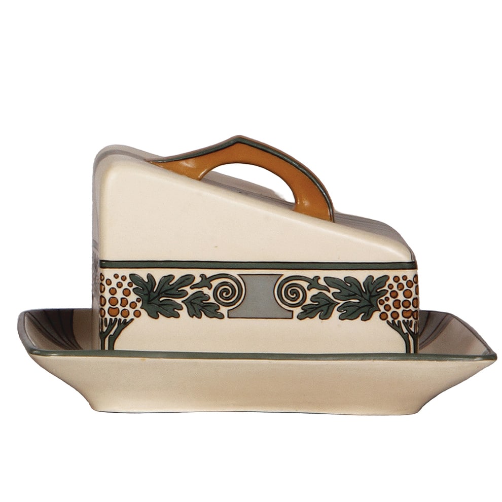 Mettlach cheese tray, 9.0" x 7.9", 3362, etched.: Mettlach cheese tray, 9.0" x 7.9", cover 6.0" x 4.5", 3362, etched, Art Nouveau & floral, mint.