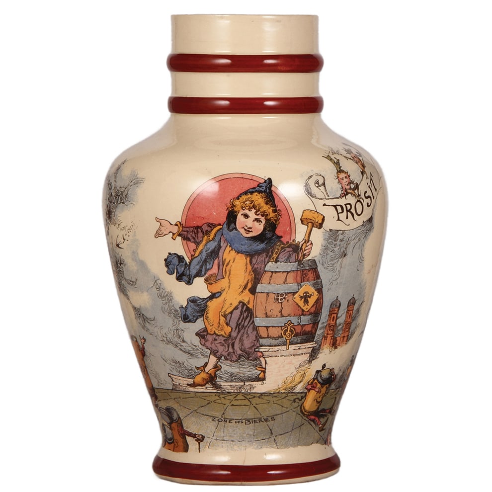 Mettlach vase, 14.3" ht., 1014[2902], PUG.: Mettlach vase, 14.3" ht., 1014[2902], PUG, by Heinrich Schlitt, Münchener Kindl & München scene, a few factory firing lines on base edge within red color, still looks very good.
