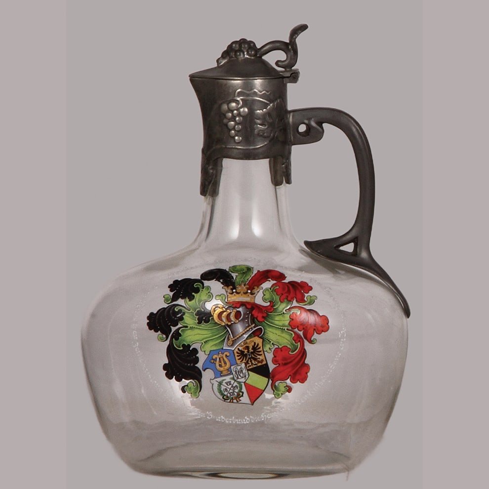 Student Society glass pitcher, 7.8" ht., Frideiciana sei's Panier!: Student Society glass pitcher, 7.8" ht., clear, Frideiciana sei's Panier!, Art Nouveau pewter lid, handle and top rim, mint.