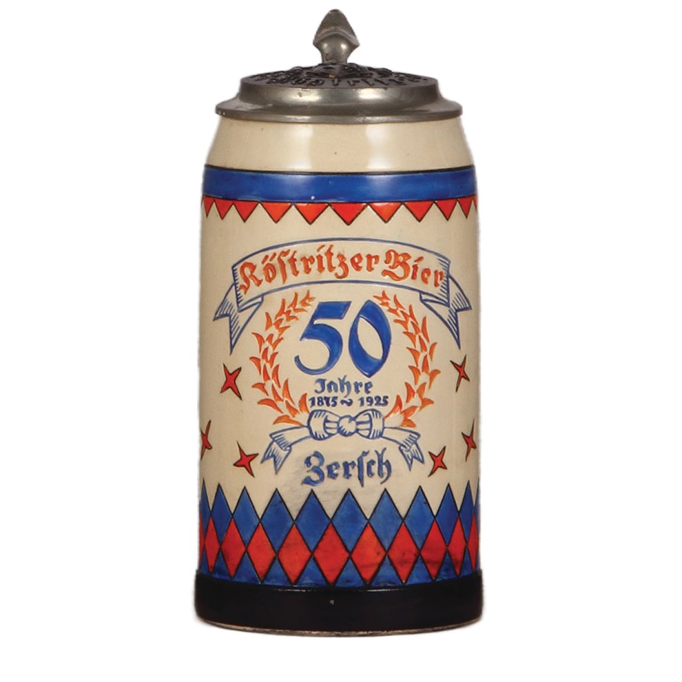 Brewery stein, pottery, 1.0L, incised & hand-painted, Röstritzer Bier Zersch. (1 of 4)