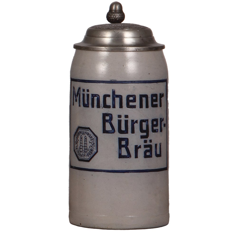 Brewery stein, stoneware, 1.0L, incised, Münchener Bürger - Bräu. (1 of 4)