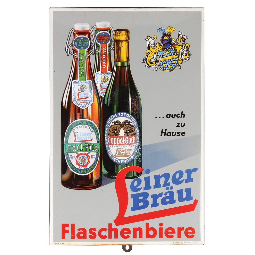 German Brewery advertising sign, Leiner Bräu: German Brewery enameled advertising sign, 12.3" x 18.6", metal, Leiner Bräu, Flaschenbiere, manufactured by: Ferro-Email, C. Robert Dold, Offenburg i.B., very good condition.