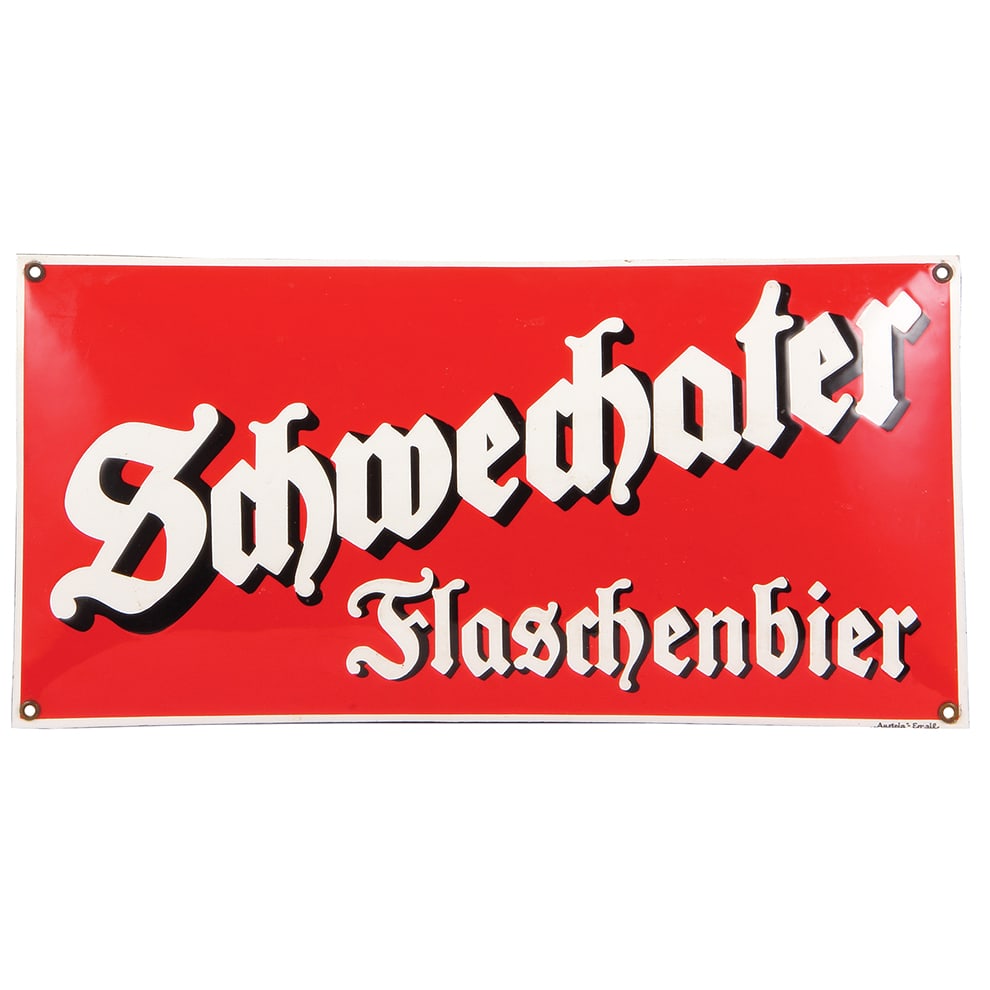 Austrian Brewery advertising sign, Schwechater Flaschenbier.: Austrian Brewery enameled advertising sign, 19.5" x 9.8", metal, manufactured by: Austria = Email, Schwechater Flaschenbier (Schwechat Austria), very good condition.