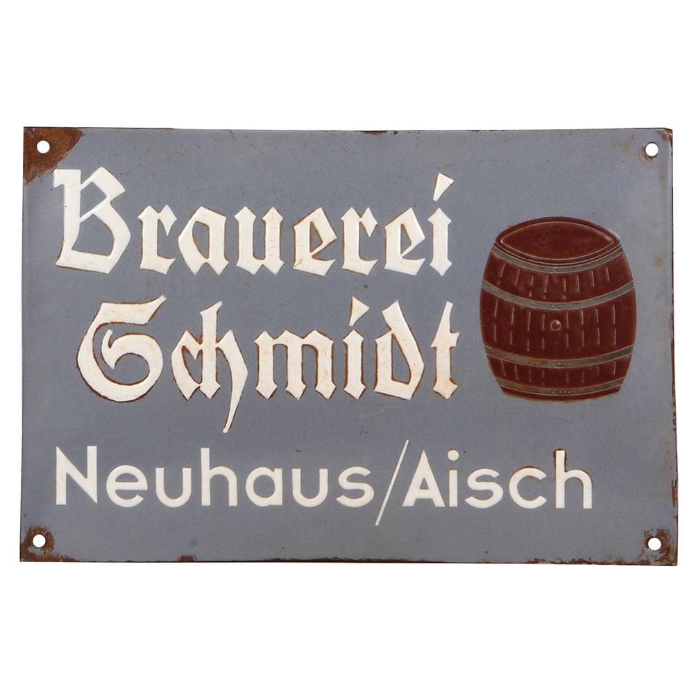 German Brewery advertising sign, Brauerei Schmidt Neuhaus/Aisch.: German Brewery enameled advertising sign, 11.7" x 7.9", metal, Brauerei Schmidt Neuhaus/Aisch, enamel wear on edges & left corner.