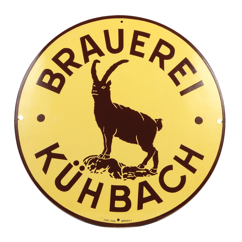 German Brewery advertising sign, Brauerei Kübach.: German Brewery advertising sign, enameled,15.7" d., Brauerei Kübach, mid 1900s, Franz Herb, München, very good condition.