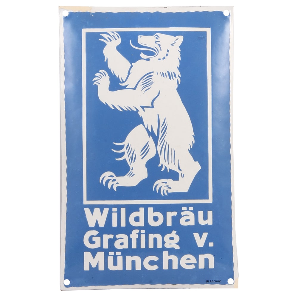 German Brewery advertising sign, Wildbräu Grafing v. München.: German Brewery advertising sign, enameled, 9.7" x 15.6", Wildbräu Grafing v. München, marked Blaschke, two corners have chips.