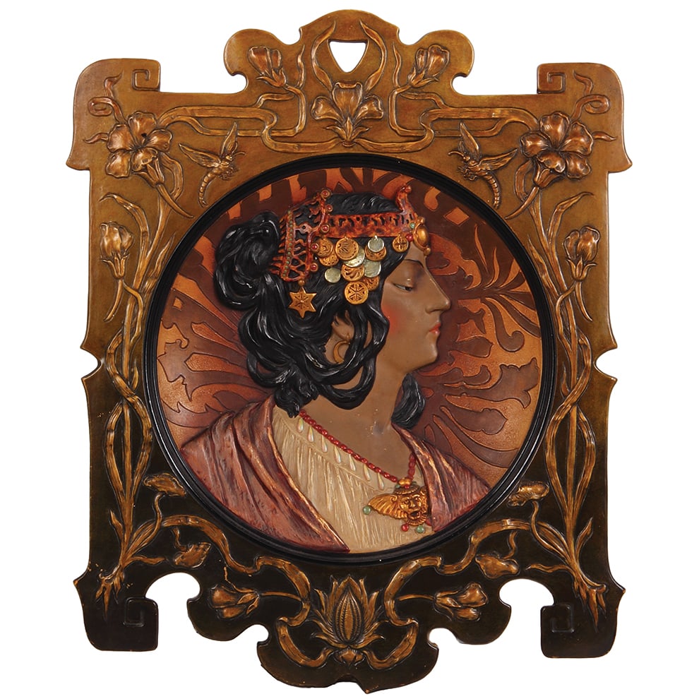 Terra cotta plaque, 20.0" x 16.2", made by J. Maresch.: Terra cotta plaque, 20.0" x 16.2", marked JM 4487, made by J. Maresch, Art Nouveau, young woman, flowers, very good condition.
