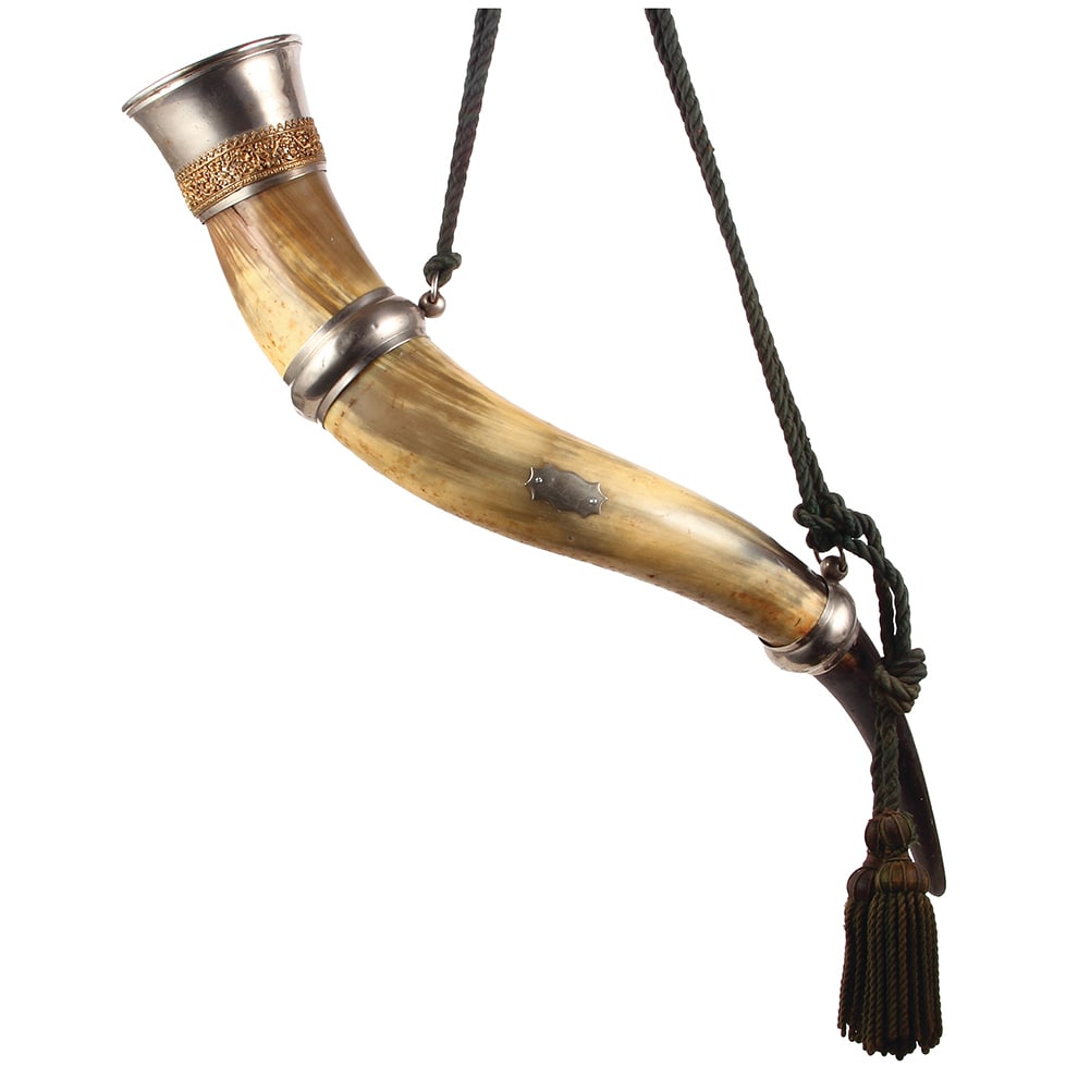 Drinking horn, 31.5'' long, silver-plated, 4F Turner motif, Gut Heil!: Drinking horn, 31.5'' long, silver-plated, 4F Turner motif, Gut Heil!, excellent condition.