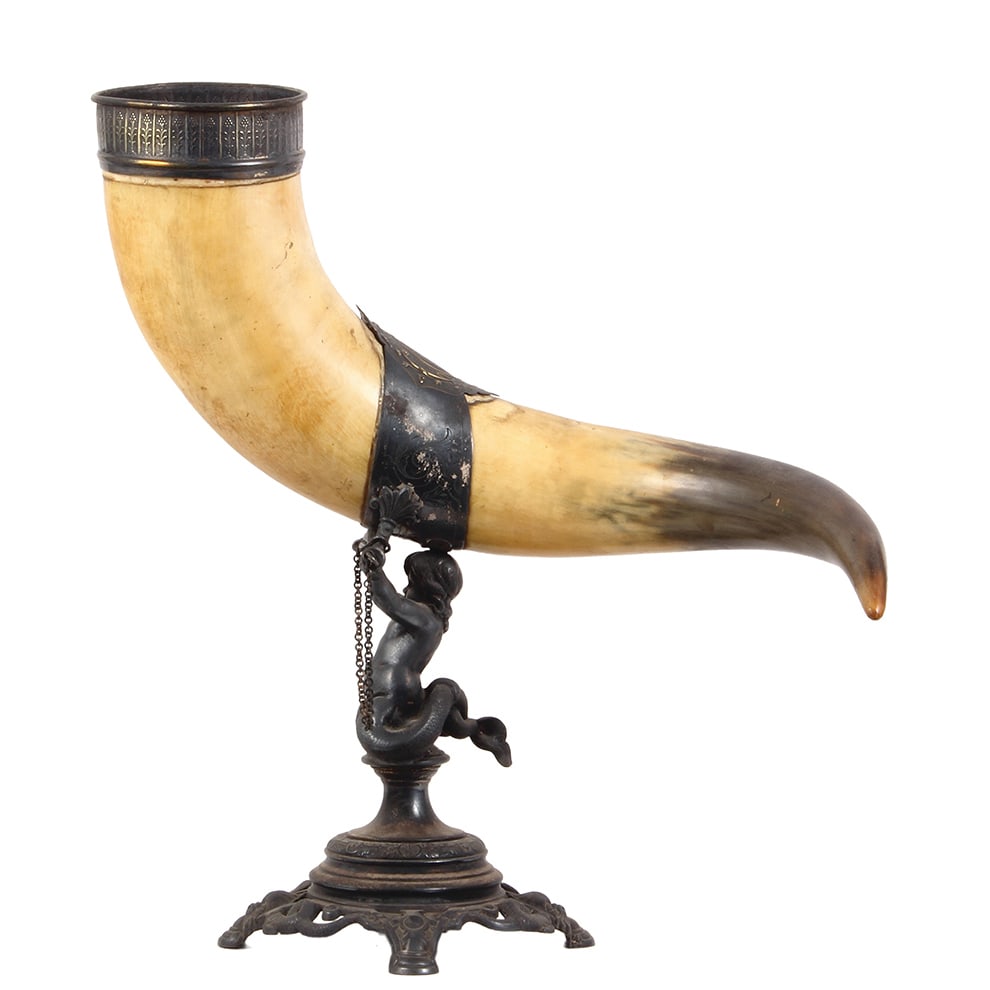 Drinking horn, 17.5" ht., silver-plated mounts.: Drinking horn, 17.5" ht., silver-plated mounts, cast Triton figure in center holding horn, no lid, silver-plating is worn, otherwise good condition.