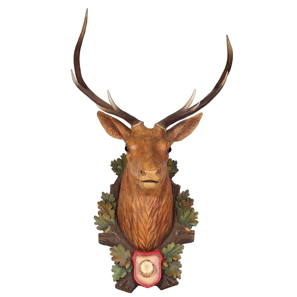 Black Forest wood stag, 50.5" ht. x 30.0" w. x 21.0" d.: Black Forest wood stag, 25.0" ht. x 17.5" w. x 20.0" d. from wall, with antlers 50.5" ht. x 30.0" w. x 21.0" d. from wall, made in Germany, c.1900, very good quality & condition.