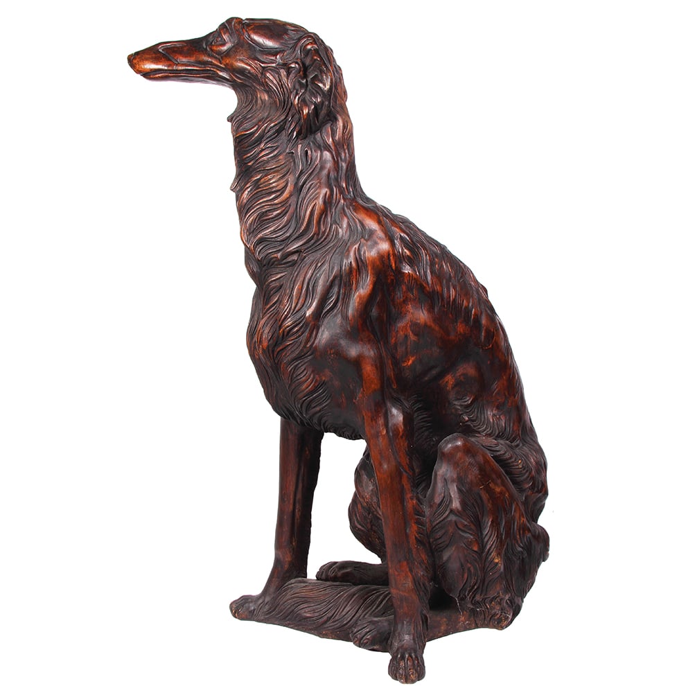 Black Forest wood Borsoi Russian Wolfhound, 38.0" ht. x 14.5" w. x 25.0" d.: Black Forest wood Borsoi Russian Wolfhound, European carving, c. 1900, linden wood, 38.0" ht. x 14.5" w. x 25.0" d., large life size female dog, large carvings of dogs are rare, rich coloring and very