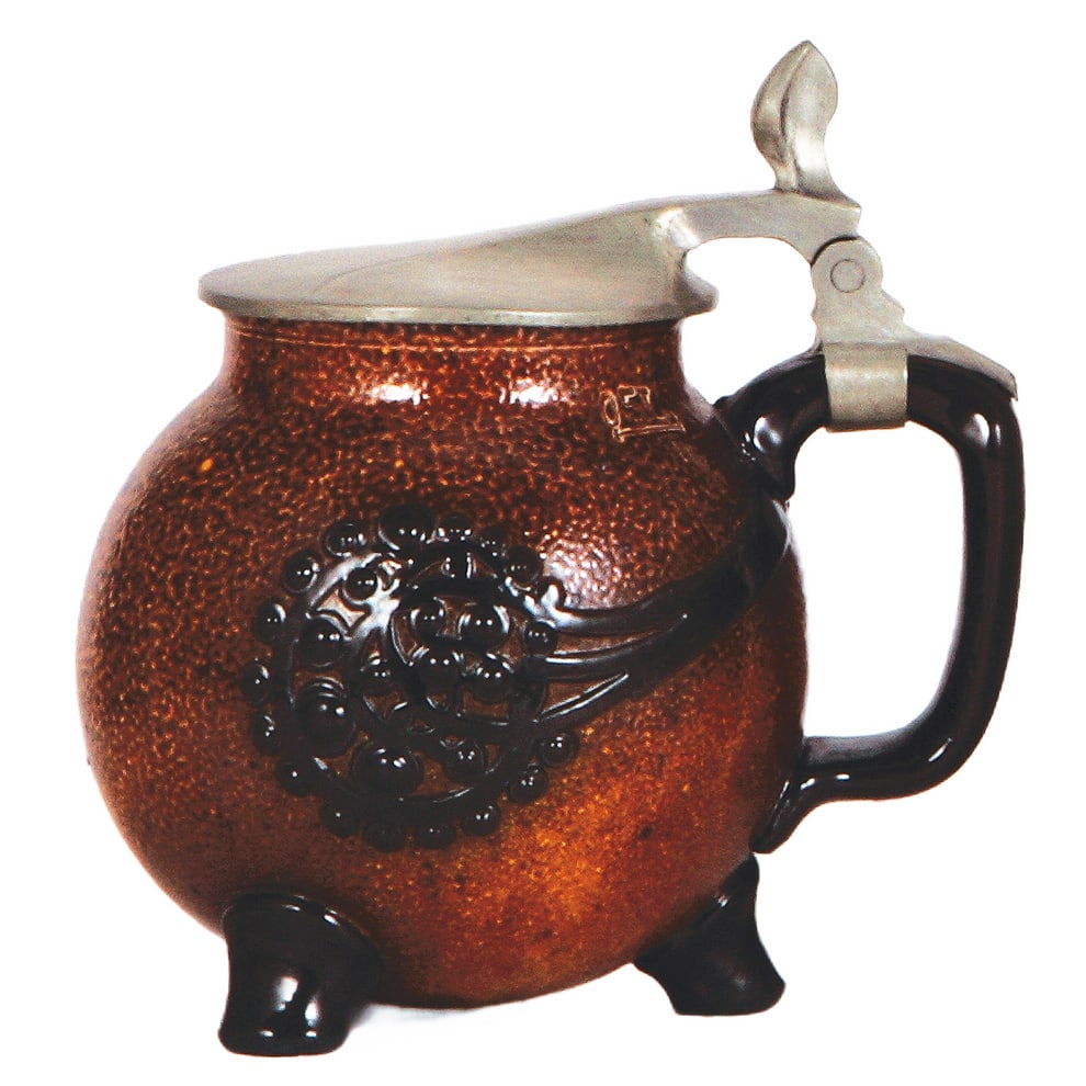 Richard Riemerschmid Seidel, .5L, marked 1757, by Reinhold Merkelbach.: Richard Riemerschmid Seidel, .5L, stoneware beer stein, marked 1757, by Reinhold Merkelbach, brown saltglazes, pewter lid, mint.