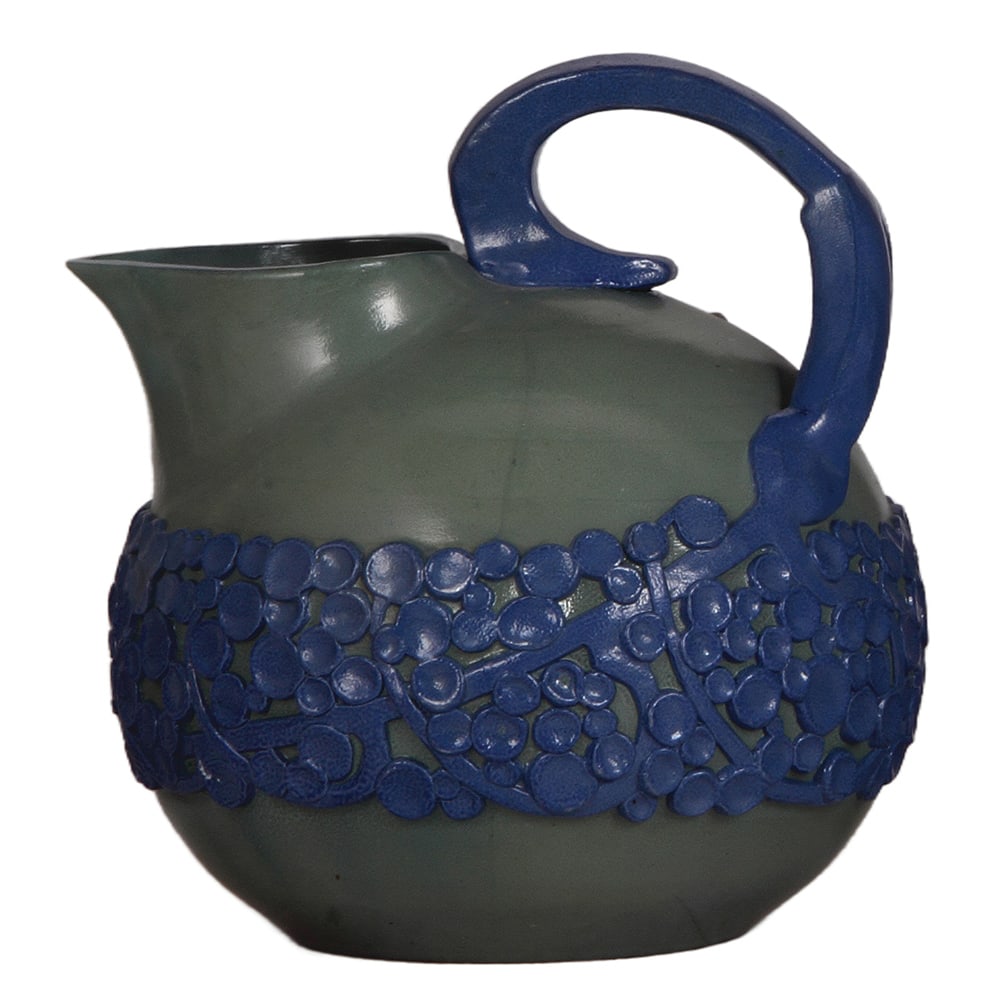 Richard Riemerschmid Kanne, 3.5L, marked 1657 , by Reinhold Merkelbach.: Richard Riemerschmid Kanne, 3.5L, 10.2" ht., stoneware beer stein, marked 1657 , by Reinhold Merkelbach, blue & green saltglazes, very rare, mint.