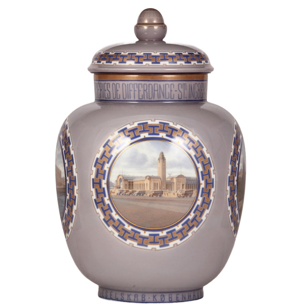 Bing & Grundel presentation jar, 15.1" ht., The Royal Palace Stockholm, Sweden: Bing & Grundel covered presentation jar, 12.3" ht., 15.1" ht. with lid, 10.5" wide, marked Bing & Grundel 1928, H.F. (Hans Flygering), the four very detailed scenes include The Royal Palace Stockholm,
