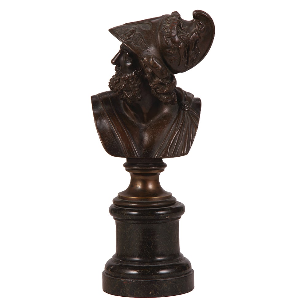 Greek Warrior on a stone base, 10.7" ht.: Greek Warrior on a stone base, 10.7" ht. x 4.5" w. x 3.5" d., metal figurine, excellent detail in casting and stonework, small flakes on stone base, excellent condition.
