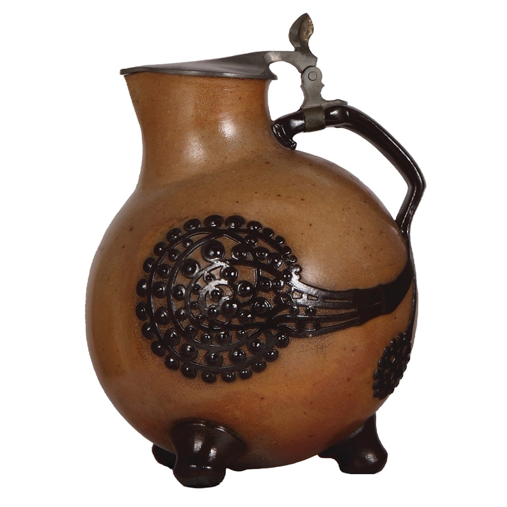 Richard Riemerschmid Kanne, 3.5L, marked 1758, by Reinhold Merkelbach.: Richard Riemerschmid Kanne, 3.5L, 10.7" ht., stoneware beer stein, marked 1758, by Reinhold Merkelbach, brown saltglazes, pewter lid, mint.