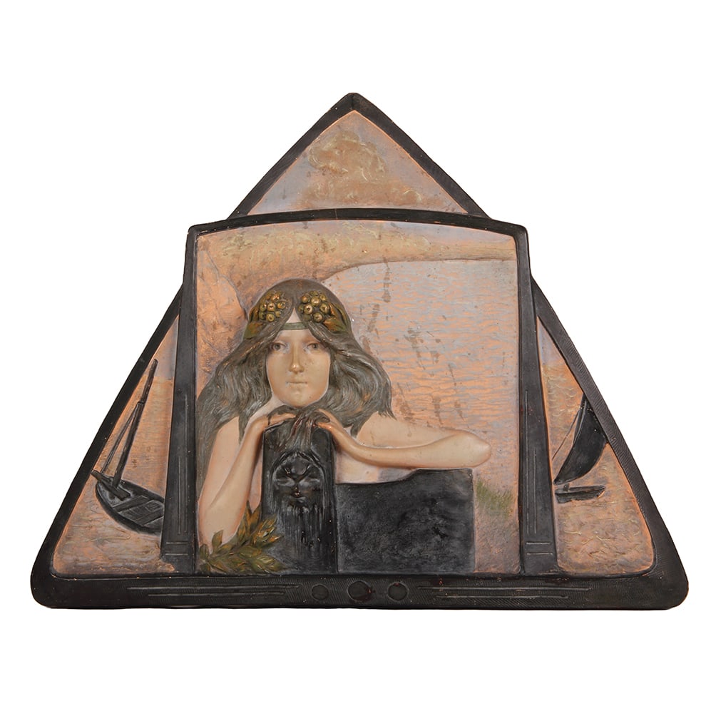 Terra cotta plaque, 22.5" x 17.7", by J. Maresch, Art Nouveau.: Terra cotta plaque, 22.5" x 17.7", marked JM 4485, made by J. Maresch, Art Nouveau, young woman, minor small color flakes. otherwise very good condition.