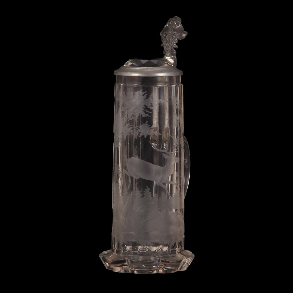 Glass stein, .5L, blown, engraved stag in forest. (1 of 3)